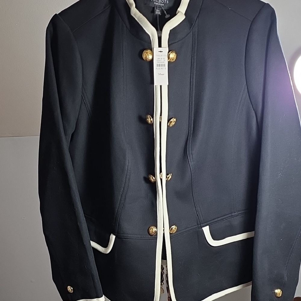Talbots Black Pea Coat with White Trim and Gold Buttons